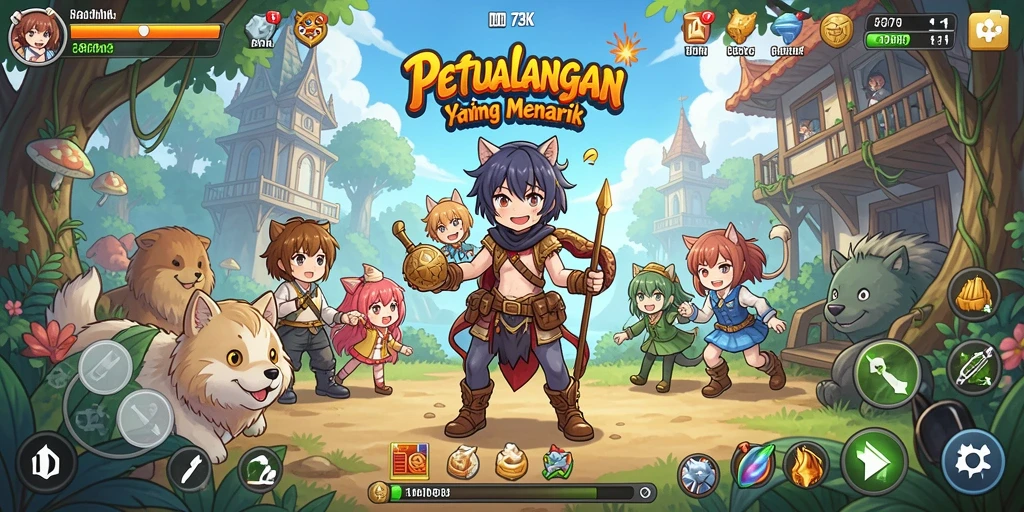 Tampilan gameplay menarik dari <strong>73K</strong> yang menampilkan pertarungan karakter anime.