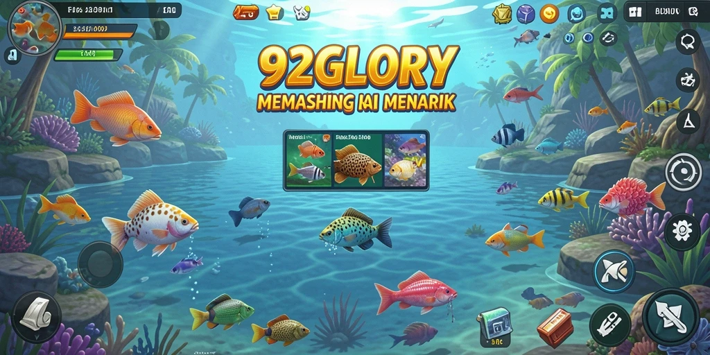 Tampilan gameplay 92GLORY saat memancing di danau yang indah.