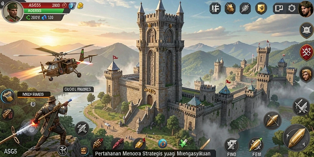 Tangkapan layar ASG55 menunjukkan aksi seru dalam pertempuran Tower Defense.