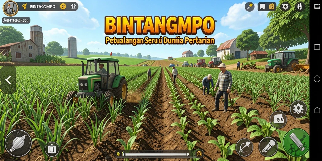 Tangkapan layar utama BINTANGMPO menampilkan kebun yang indah dan aktivitas bertani.