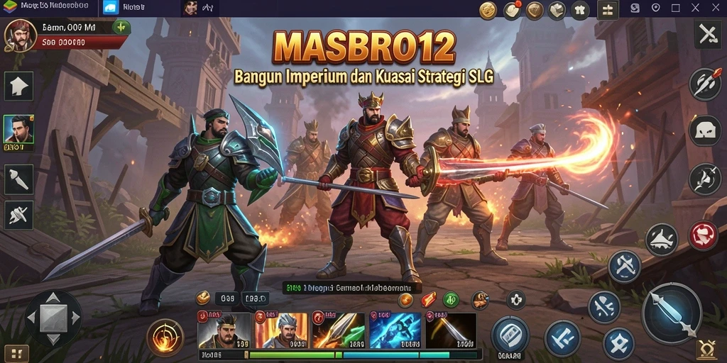 Screenshot gameplay MASBRO12 menunjukkan pertempuran strategis dan pembangunan kerajaan.