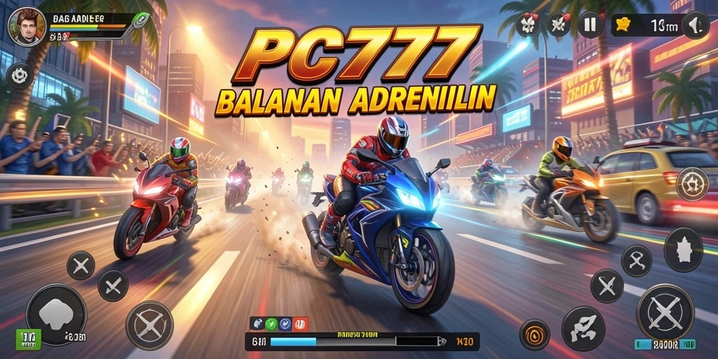 Tampilan gameplay seru dari PC777 saat balapan di lintasan.