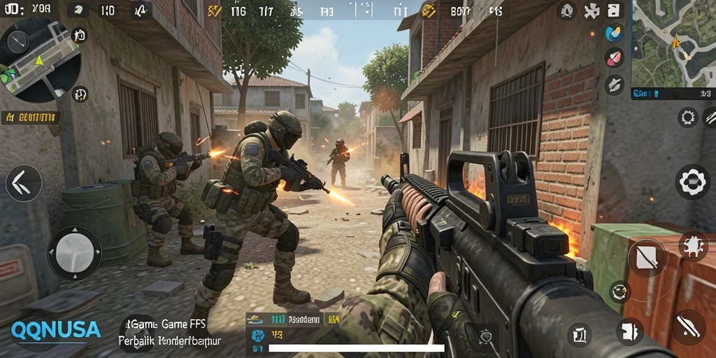 Screenshot permainan QQNUSA menampilkan aksi mendebarkan di medan perang FPS.
